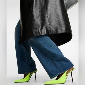 Saint Laurent Kiss 105 Leather Slingback Highlighter Yellow Pumps SZ 8.5